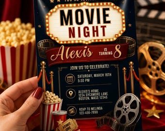 Movie Night Birthday Invitation Template, Cinema Birthday Party Invite, Red Carpet Movie Night Invite, Editable Canva Digital Invitation