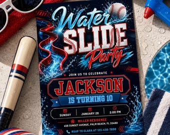 Water Slide Birthday Invitation, Baseball Pool Party Invite, Jackson 10th Birthday, Red Blue Sports Birthday, Digital Canva Template