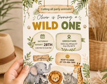 Safari Wild One Geburtstagseinladungsvorlage, Dschungeltiere zum 1. Geburtstag einladen, bearbeitbare Canva digitale Einladung, Safari Party einladen