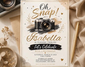 Photography Birthday Invitation Template, Oh Snap Photoshoot Party Invite, Camera Birthday Invite, Gold Black Digital Invitation