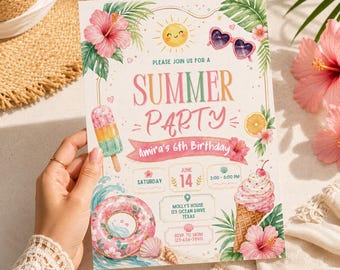 Summer Party Birthday Invitation, Tropical Pool Party Invite, Girls Summer Birthday Invitation, Ice Cream Beach Party Digital Invite