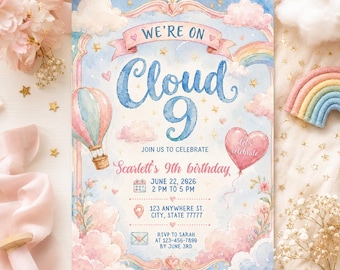 Cloud 9 Birthday Invitation, Pastel Rainbow Birthday Invite, Hot Air Balloon Party, Scarlett 9th Birthday, Dreamy Sky Digital Canva Template