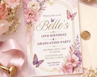 Floral Butterfly 18th Birthday Graduation Invitation, Pink Purple Birthday Invite,Elegant Graduation Party Digital Invite