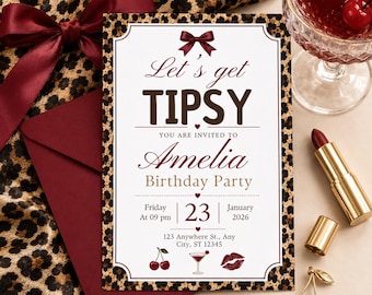 Let’s Get Tipsy Birthday Invitation, Leopard Print Cocktail Party Invite, Chic Burgundy Birthday Editable Template