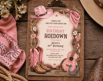 Pink Western Birthday Invitation, 20th Birthday Hoedown Invite, Cowgirl Boots Party, Rustic Country Birthday Digital Canva Template