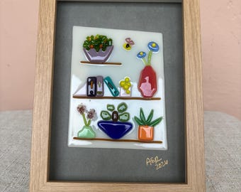 Fused Glass Bookshelf & Botanical Art – Handcrafted Framed Glass Decor