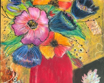 Original Oil Pastel Floral Painting on Canvas, Warm Hues, Sennelier Spray Finish