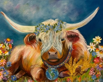 Highland Cow Painting, World Peace Necklace, Flower Crown, Whimsical Nature Art