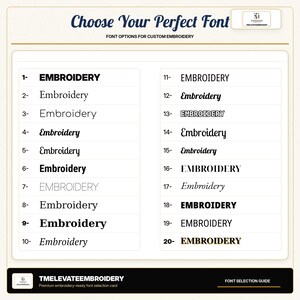May include: A font selection guide for custom embroidery titled Choose Your Perfect Font. The document displays twenty numbered font styles, each showing the word Embroidery in a different typeface, ranging from bold sans-serif to script.