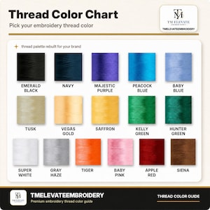 Embroidery thread colour chart showing swatches labelled Emerald Black, Navy, Majestic Purple, Peacock Blue, Baby Blue, Tusk, Vegas Gold, Saffron, Kelly Green, Hunter Green, Super White, Gray Haze, Tiger, Baby Pink, Apple Red, and Siena for choosing the pet name embroidery thread colour.