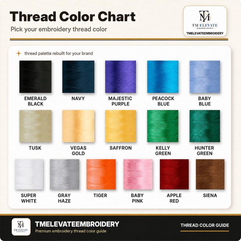 Embroidery thread colour chart showing swatches labelled Emerald Black, Navy, Majestic Purple, Peacock Blue, Baby Blue, Tusk, Vegas Gold, Saffron, Kelly Green, Hunter Green, Super White, Gray Haze, Tiger, Baby Pink, Apple Red, and Siena for choosing the pet name embroidery thread colour.