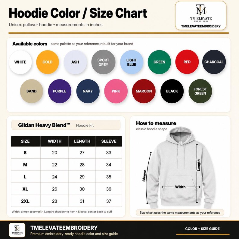 May include: A hoodie colour and size chart by TM Elevate Embroidery. It displays fifteen circular colour swatches, a Gildan Heavy Blend size table with width, length, and sleeve measurements in inches, and a diagram showing how to measure a hoodie.
