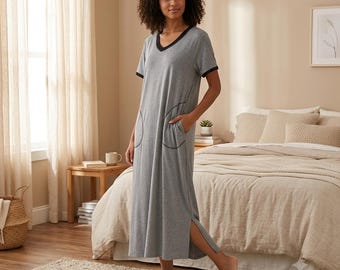 Camicia da notte da donna, camicia da notte lunga in cotone con tasche, camicia da notte ampia, abito da notte con scollo a V, abito da casa, abbigliamento da notte