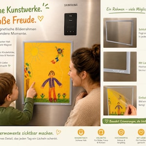 Könnte beinhalten: Ein rechteckiger magnetischer Bilderrahmen mit silbernem Rand, befestigt an einem Edelstahlkühlschrank. Der Rahmen enthält eine bunte Kinderzeichnung mit einer Person, einem Baum und einem Drachen. Auf dem Rahmen steht "Mit Liebe gemacht."