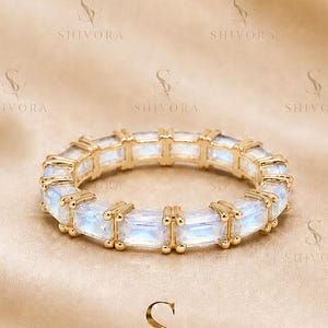 Rainbow Moonstone Baguette Ring Clear Crystal Eternity Band Ring Stackable Statement Jewelry for Women
