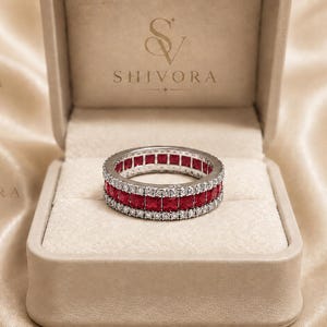Ruby Red Eternity Band Ring Square Cut Gemstone Ring Sterling Silver Full Anniversary Gift