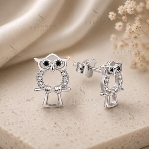 May include: A pair of silver-toned stud earrings shaped like owls. Each owl features two small black circular stones for eyes and a series of tiny clear pavé-set stones along the body. The owls are depicted perched on a horizontal bar.