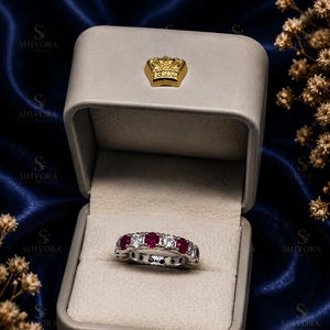 Round Ruby with Moissanite Eternity Ring Red Gemstone Band Luxury Anniversary Elegant Stackable Gift