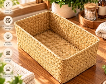 Rectangular Woven Storage Basket, Natural Organizer Bin for Shelf, Bathroom, Kitchen & Home