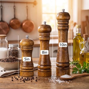 May include: Three dark brown wooden pepper mills with silver-toned metal knobs on top. The mills are labeled with heights of 5 inches, 8 inches, and 10 inches. They feature a classic turned wood design with a smooth finish and visible wood grain.