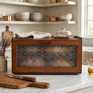 May include: A rectangular wooden bread box with a dark brown finish and a front panel featuring textured glass with a repeating floral pattern. The word LE FOURNIL is embossed on the bottom center of the wooden frame. A beige cloth rests on top.