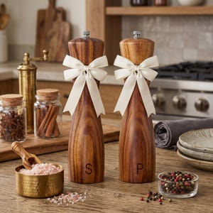 May include: Two tall wooden salt and pepper mills with a natural wood grain finish, each adorned with a cream-colored satin ribbon tied in a bow. The left mill is marked with the letter S and the right mill is marked with the letter P.