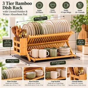May include: A 3-tier bamboo dish rack with a utensil holder and water absorbent pad. It measures 49.5 cm (19.49 in) in width, 40 cm (15.75 in) in depth, and 36 cm (14.17 in) in height. It holds 18 plates, 3 bowls, 4 cups, and 20+ utensils.