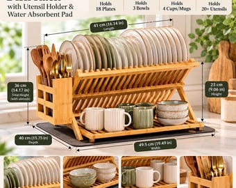 May include: A 3-tier bamboo dish rack with a utensil holder and water absorbent pad. It measures 49.5 cm (19.49 in) in width, 40 cm (15.75 in) in depth, and 36 cm (14.17 in) in height. It holds 18 plates, 3 bowls, 4 cups, and 20+ utensils.