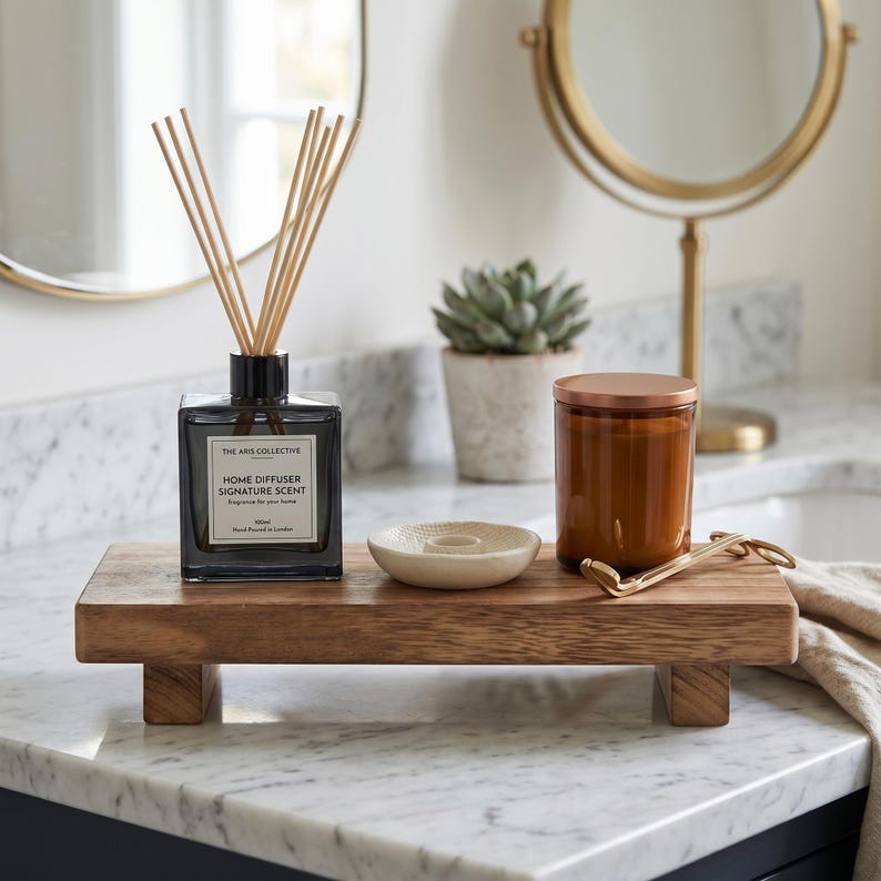Tray Reed Wooden Pedestal Tray: Farmhouse Riser for Bathroom, Kitchen Counter ...