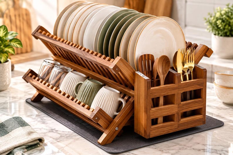 Pottery Dry Racks Bamboo Dish Drying Rack, 3 Tier Folding Dish Rack With Utensil Holder ...