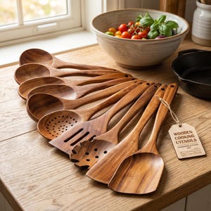 May include: A set of brown wooden kitchen utensils including various spoons, a slotted turner, a pasta server, and a spatula. A rectangular wooden tag attached with twine features the text WOODEN COOKING UTENSILS HANDMADE KITCHEN SET.