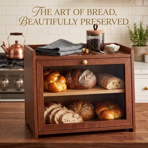 May include: A two-tier wooden bread box with a clear glass front door and a gold knob. The interior shelves hold various loaves of bread and rolls. The text "THE ART OF BREAD, BEAUTIFULLY PRESERVED" is displayed above the wooden storage unit.