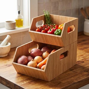 Stackable Bamboo Pantry Bins: Kitchen Cabinet Organizer Set