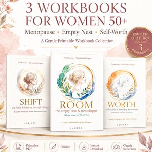Könnte beinhalten: Drei weiße Arbeitsbücher mit den Titeln The Golden Chapter, Shift, Room und Worth. Jedes Cover zeigt eine Aquarellillustration einer Person im Profil, umgeben von goldenen und floralen Akzenten. Der Text umfasst Menopause, Empty Nest, Self-Worth.