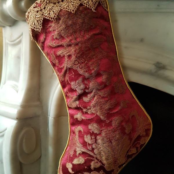 Luxury Christmas Stocking Cardinal & Gold Silk Jacquard Rubelli Fabric Les Indes Galantes Pattern - Made in Italy