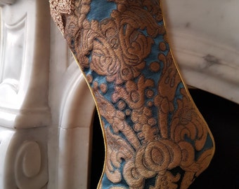 Luxury Christmas Stocking Blue & Gold Silk Brocatelle Rubelli Fabric Tebaldo Pattern - Made in Italy