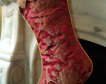 Luxury Christmas Stocking Cardinal & Gold Silk Jacquard Rubelli Fabric Les Indes Galantes Pattern - Made in Italy