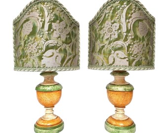 Pair of Italian Green & Orange Lacquered Turned Wooden Table Lamps with Fortuny Fabric Lampshades