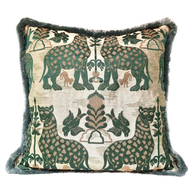 Decorative Throw Pillow Case with Brush Fringe Emerald Green Silk Broccatelle Luigi Bevilacqua Fabric Fiere Pattern - Handmade in Italy