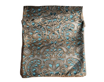 Luxury Table Runner Peacock Blue & Gold Silk Lampas Rubelli Fabric Guanduja Pattern - Handmade in Italy