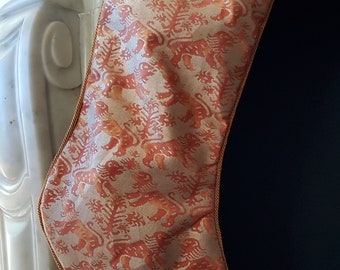 Luxury Christmas Stocking Fortuny Fabric Bittersweet & Silvery Gold Richelieu Pattern - Made in Italy