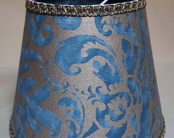 Clip On Lamp Shade Fortuny Fabric Brilliant Blue & Silvery Gold Sevres Pattern Chandelier Lampshade - Made in Italy