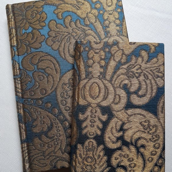 Silk Brocatelle Rubelli Fabric Covered Journal Hardcover Notebook Blue and Gold Tebaldo Pattern - Handcraft in Italy