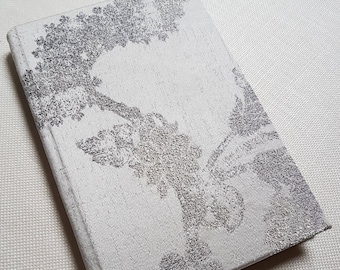 Silk Brocade Rubelli Fabric Covered Journal Hardcover Notebook Ivory and Silver Queen Anne Pattern - Handcraft in Italy
