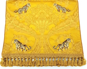 Luxury Table Runner with Tassel Fringe Trim Gold Silk Damask Rubelli Fabric Sandokan Pattern - Handmade in Italy