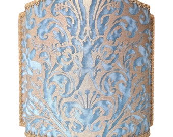 Venetian Lamp Shade in Fortuny Fabric Brilliant Blue & Silvery Gold Sevres Pattern Half Lampshade - Handmade in Italy