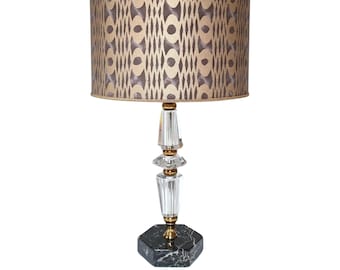 Vintage Italian Midcentury Faceted Cut Glass Table Lamp with Black Marble Base and Fortuny Fabric Lampshade Smoke & Gold Unita Pattern