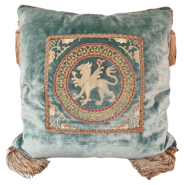 Decorative Embroidered Aqua Rubelli Velvet Pillow Case with Corner Tassels - Handmade in Italy