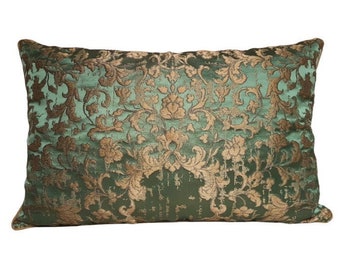 Green & Gold Silk Jacquard Rubelli Fabric Throw Pillow Cushion Cover Les Indes Galantes Pattern - Handmade in Italy