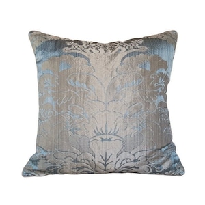 Pure Silk Throw Pillow Cushion Cover Crinkled Damask Rubelli Fabric Aqua Blue San Marco Pattern - Handmade in Italy